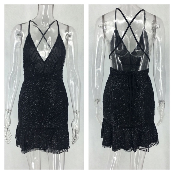 Deep V Backless Black Mini Dress with Glitter - Picture 4 of 8